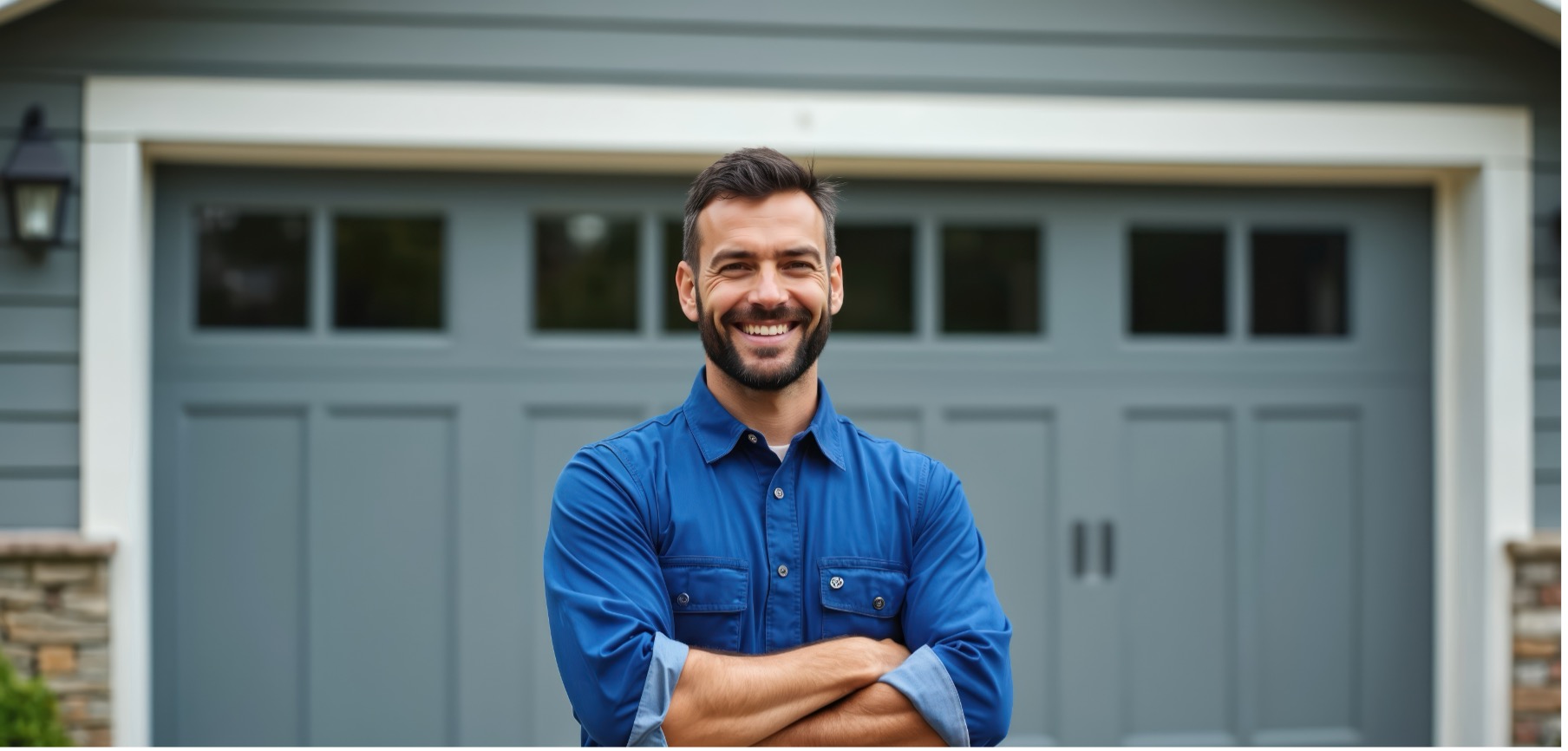 Satisfied Delaware customer standing in front of his new garage epoxy renovation